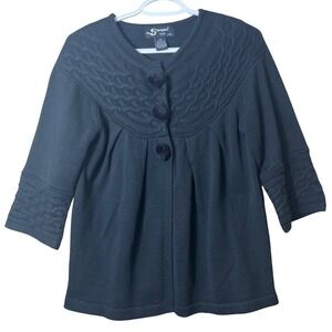 Sharagano Studio Black Cable Knit Pom Pom Button Cardigan Sweater Petite PM Goth